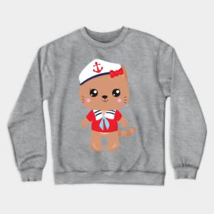 Sailor Cat, Sailor Hat, Boat Captain, Brown Cat Crewneck Sweatshirt